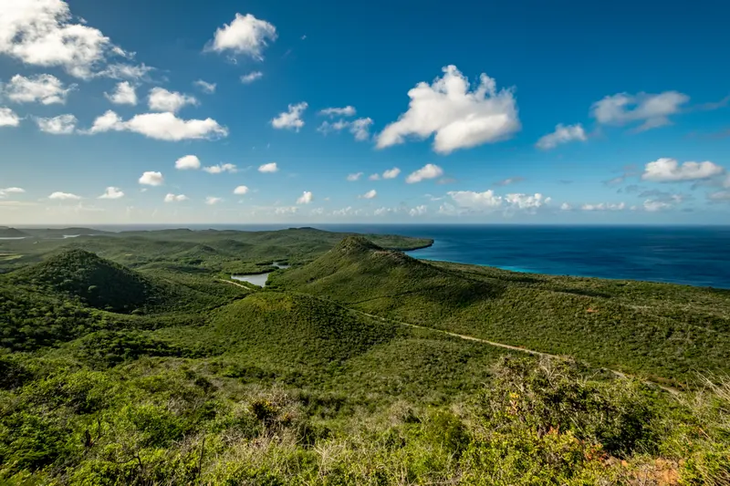 Grüne Hügellandschaft mit viel Natur, perfekt zum Wandern auf Curacao